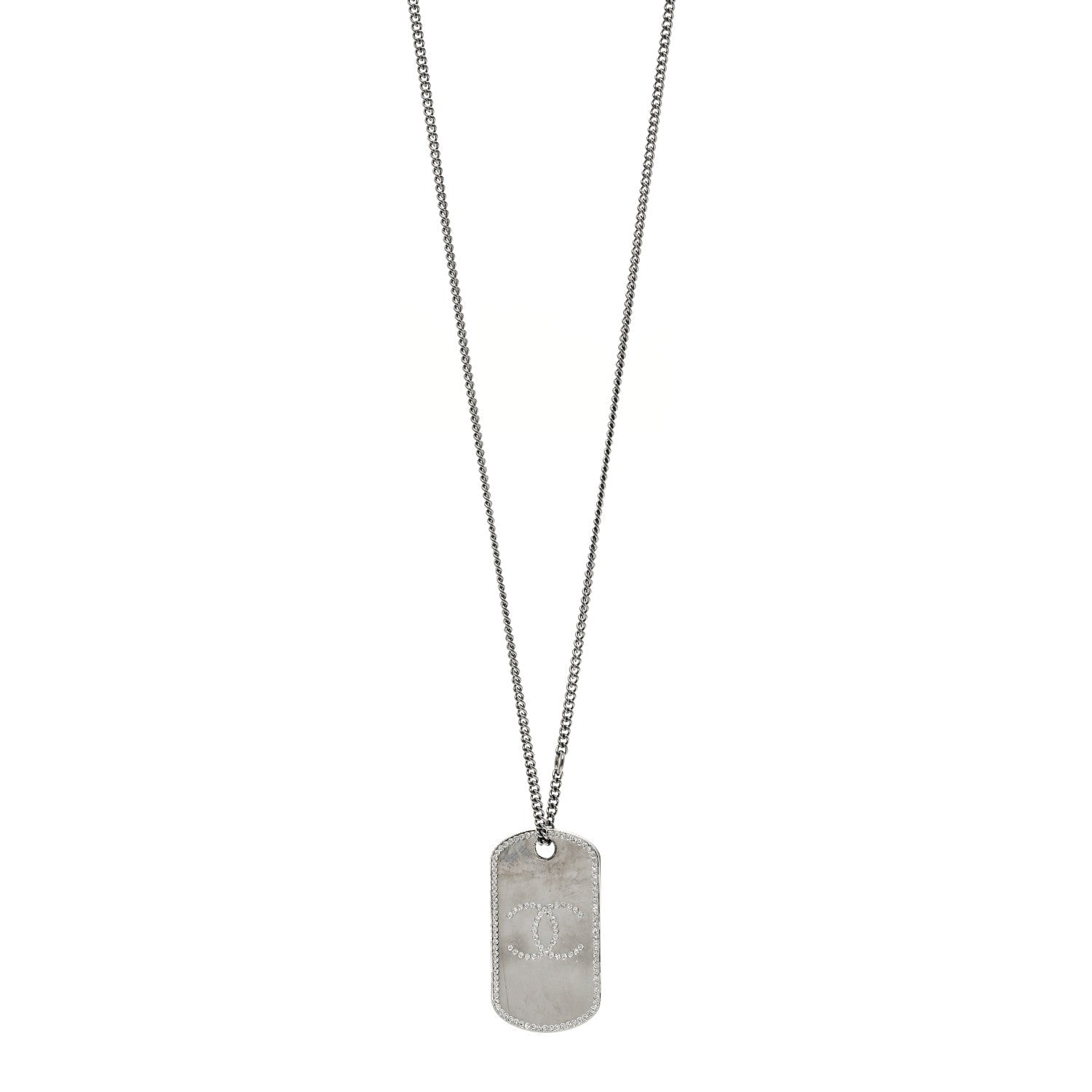 Chanel Metal Crystal Ruthenium Dog Tag Charm Necklace Black
