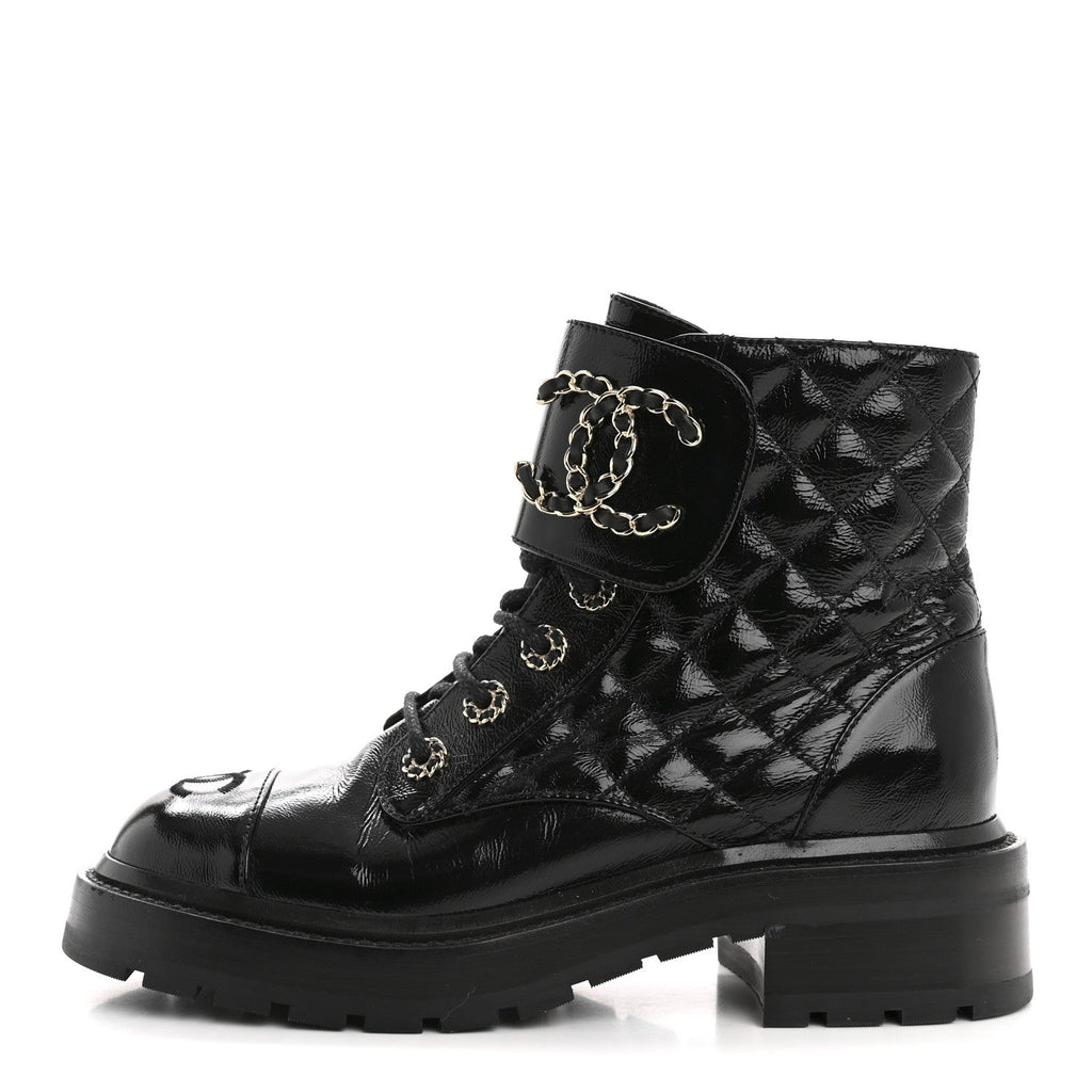 Chanel Shiny Goatskin Calfskin Quilted Lace Up Combat Boots 36.5 Black