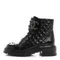 Chanel Shiny Goatskin Calfskin Quilted Lace Up Combat Boots 36.5 Black
