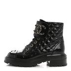 Chanel Shiny Goatskin Calfskin Quilted Lace Up Combat Boots 36.5 Black