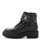 Chanel Lambskin Calfskin Quilted Lace Up Combat Boots 38 Black