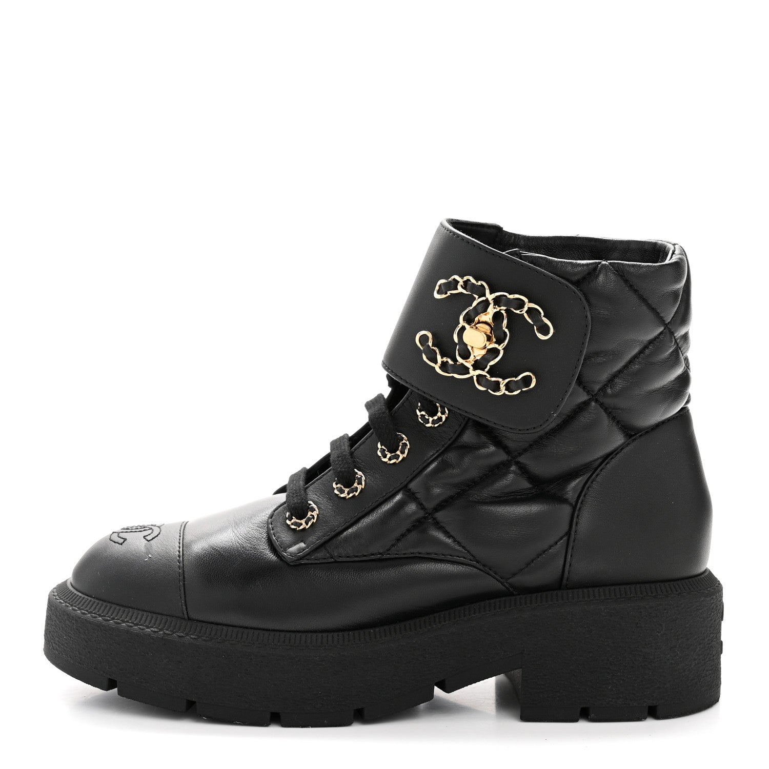 Chanel Lambskin Calfskin Quilted Lace Up Combat Boots 38 Black