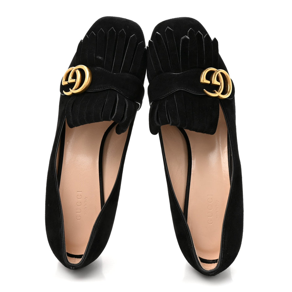 Gucci Kid Scamosciato GG Marmont Fringe 50mm Loafer Pumps 39.5 Black