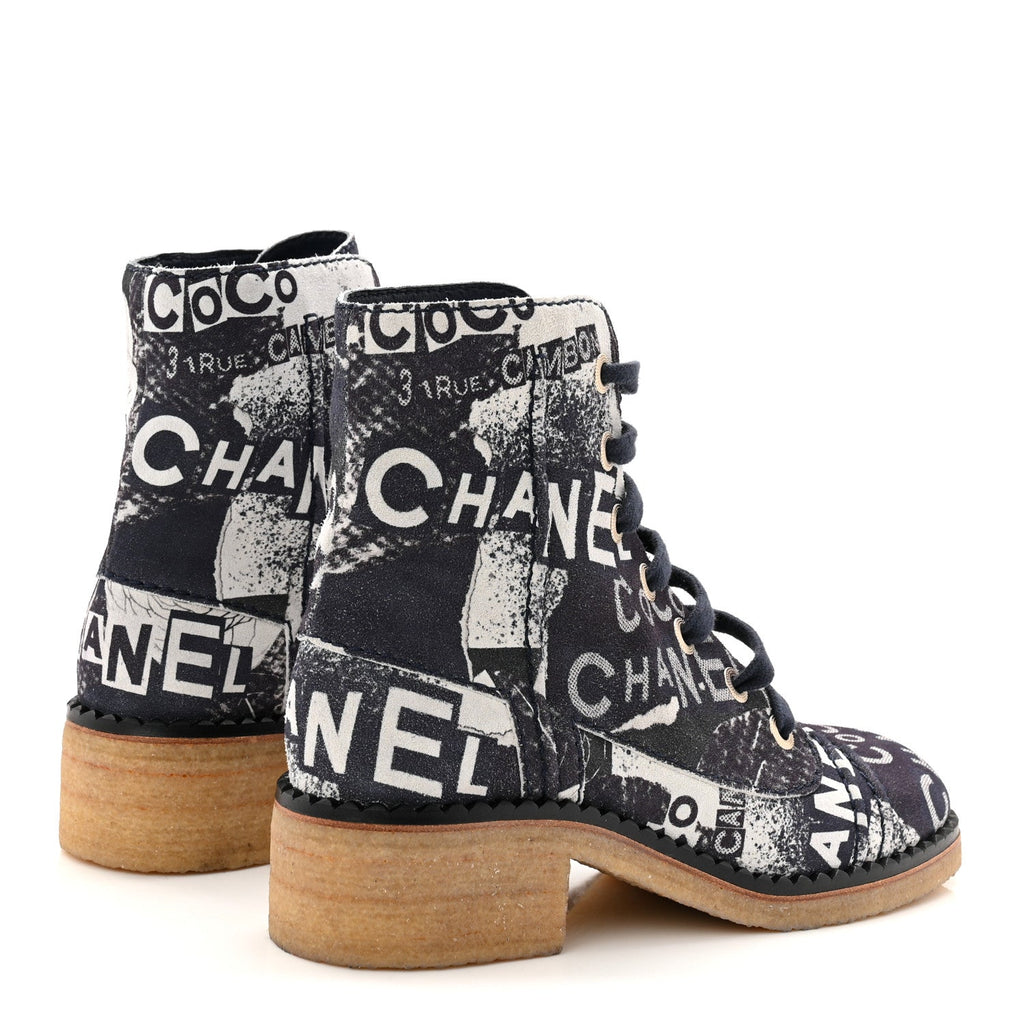 Chanel Suede Calfskin Printed CC 31 Rue Cambon Lace Up Combat Boots 36 White Navy