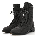 Chanel Suede Quilted CC Tall Lace Up Combat Boots 38 Grey
