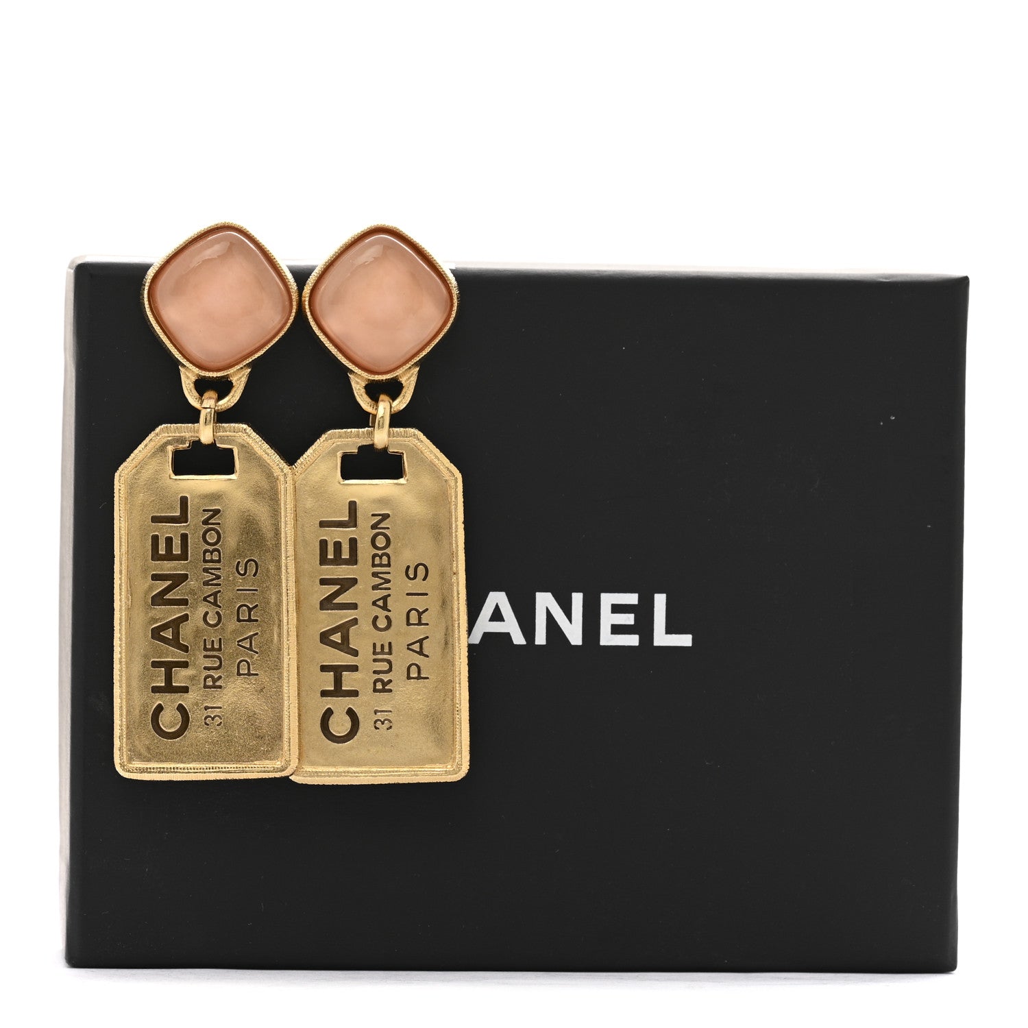Chanel CC Tags Drop Earrings Gold Pink
