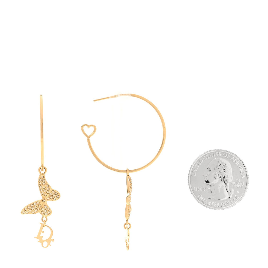 Christian Dior Metal Crystal Butterfly Logo Hoop Earrings Gold