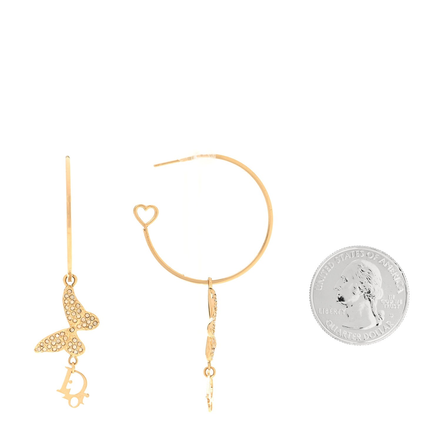 Christian Dior Metal Crystal Butterfly Logo Hoop Earrings Gold