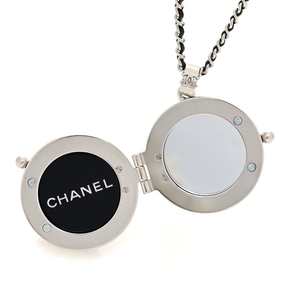 Chanel Resin Crystal Lambskin Ball Mirror Necklace Black Silver
