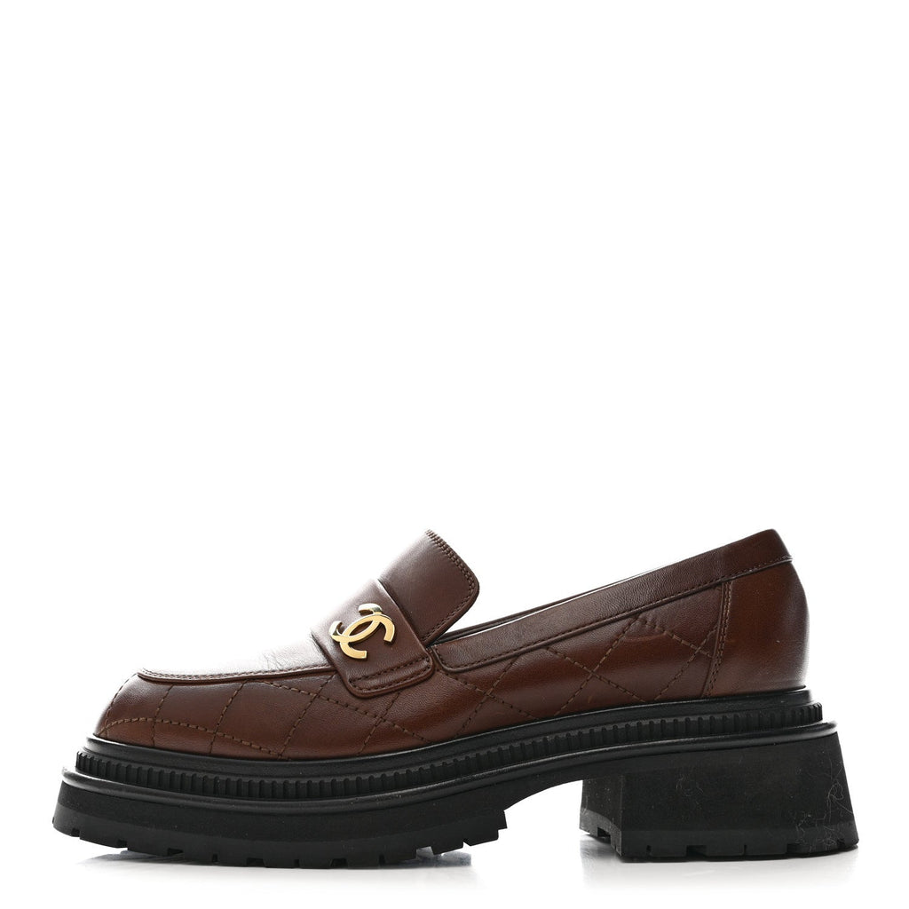Chanel Calfskin Quilted CC Mocassin Loafers 36 Brown