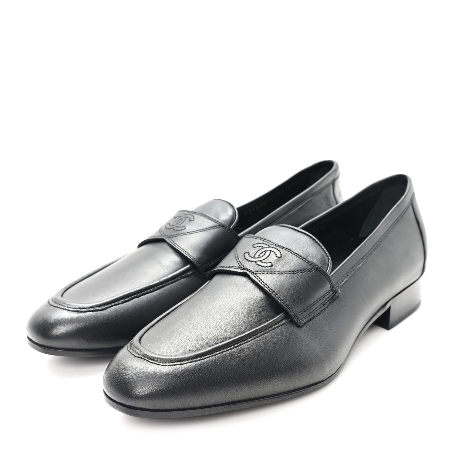Chanel Lambskin Mens Stitched CC Loafers 42 Black