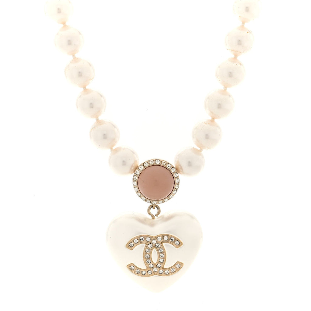 Chanel Pearl Crystal CC Heart Short Necklace Gold Pearly White Pink