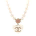 Chanel Pearl Crystal CC Heart Short Necklace Gold Pearly White Pink