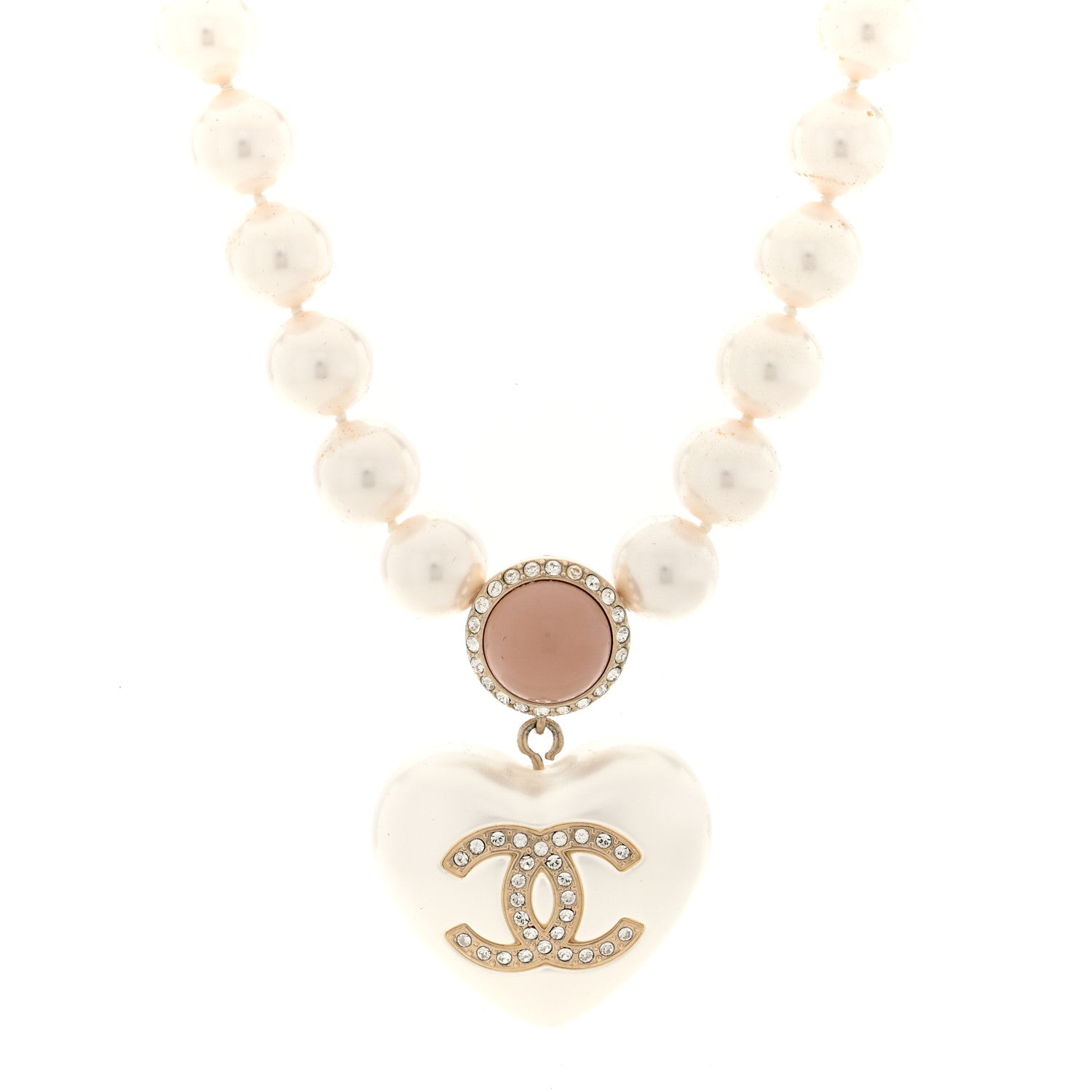 Chanel Pearl Crystal CC Heart Short Necklace Gold Pearly White Pink