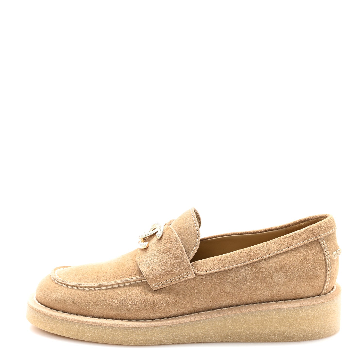Chanel Suede Calfskin Pearl CC Moccasin Loafers 36.5 Dark Beige