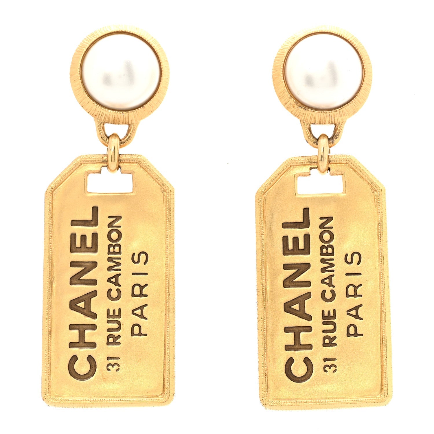Chanel Pearl CC Tags Drop Earrings Gold