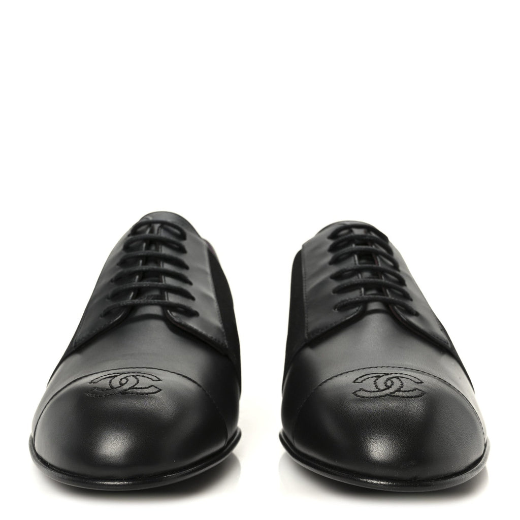 Chanel Calfskin Elastic Lace Up Cap Toe CC Loafers 39 Black