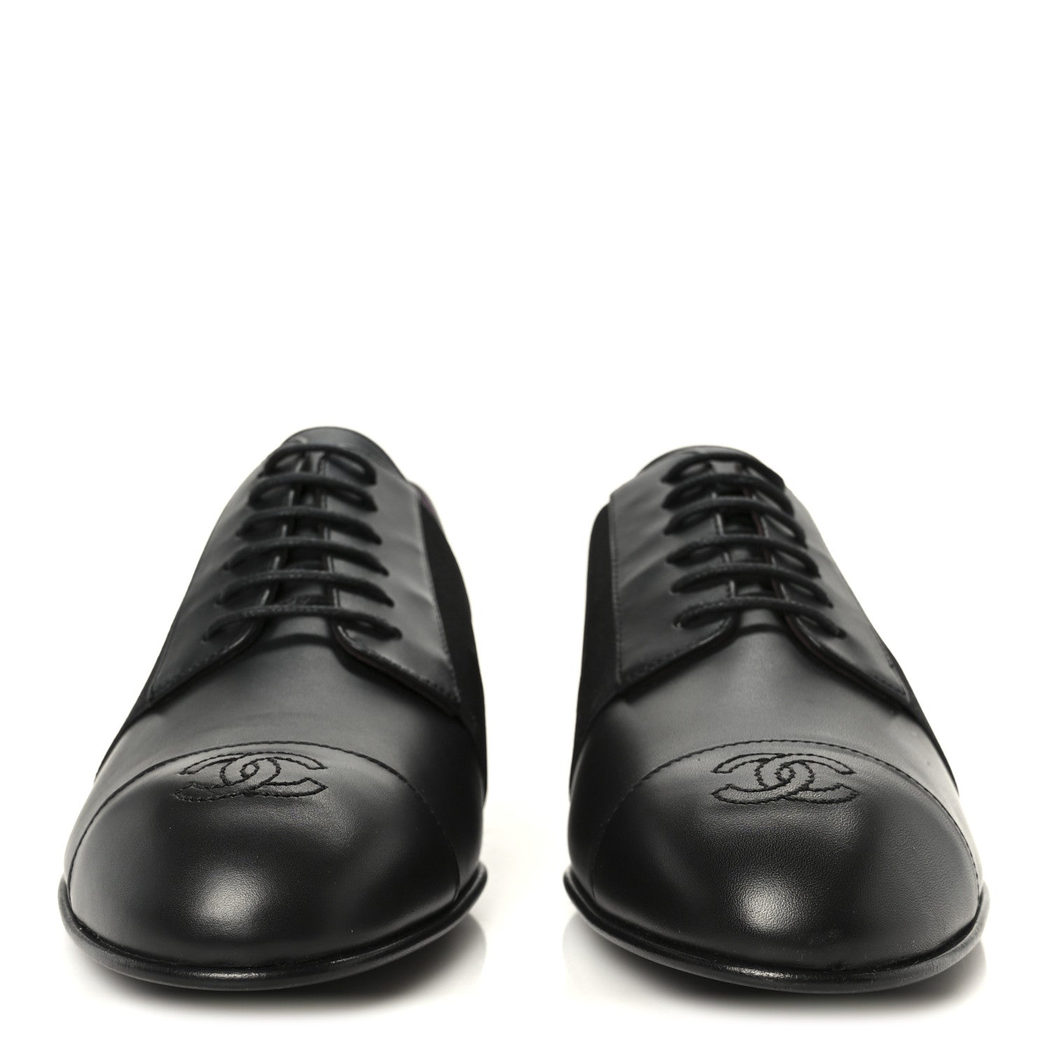 Chanel Calfskin Elastic Lace Up Cap Toe CC Loafers 39 Black