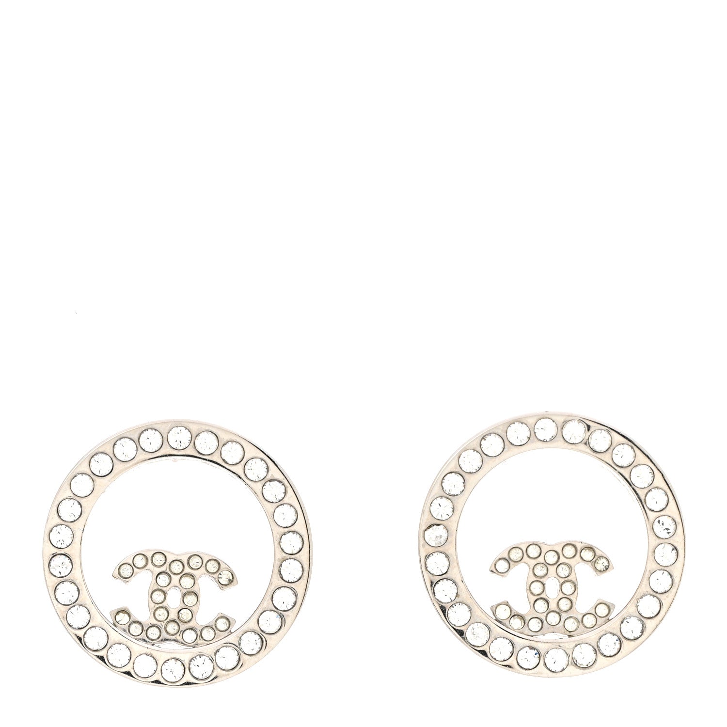 Chanel Crystal CC Round Earrings Silver