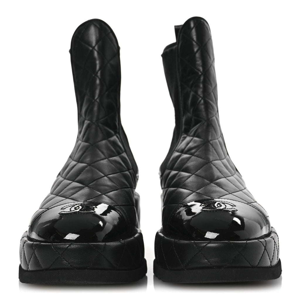 Chanel Lambskin Patent CC Cap Toe Quilted Short Platform Boots 39.5 Black