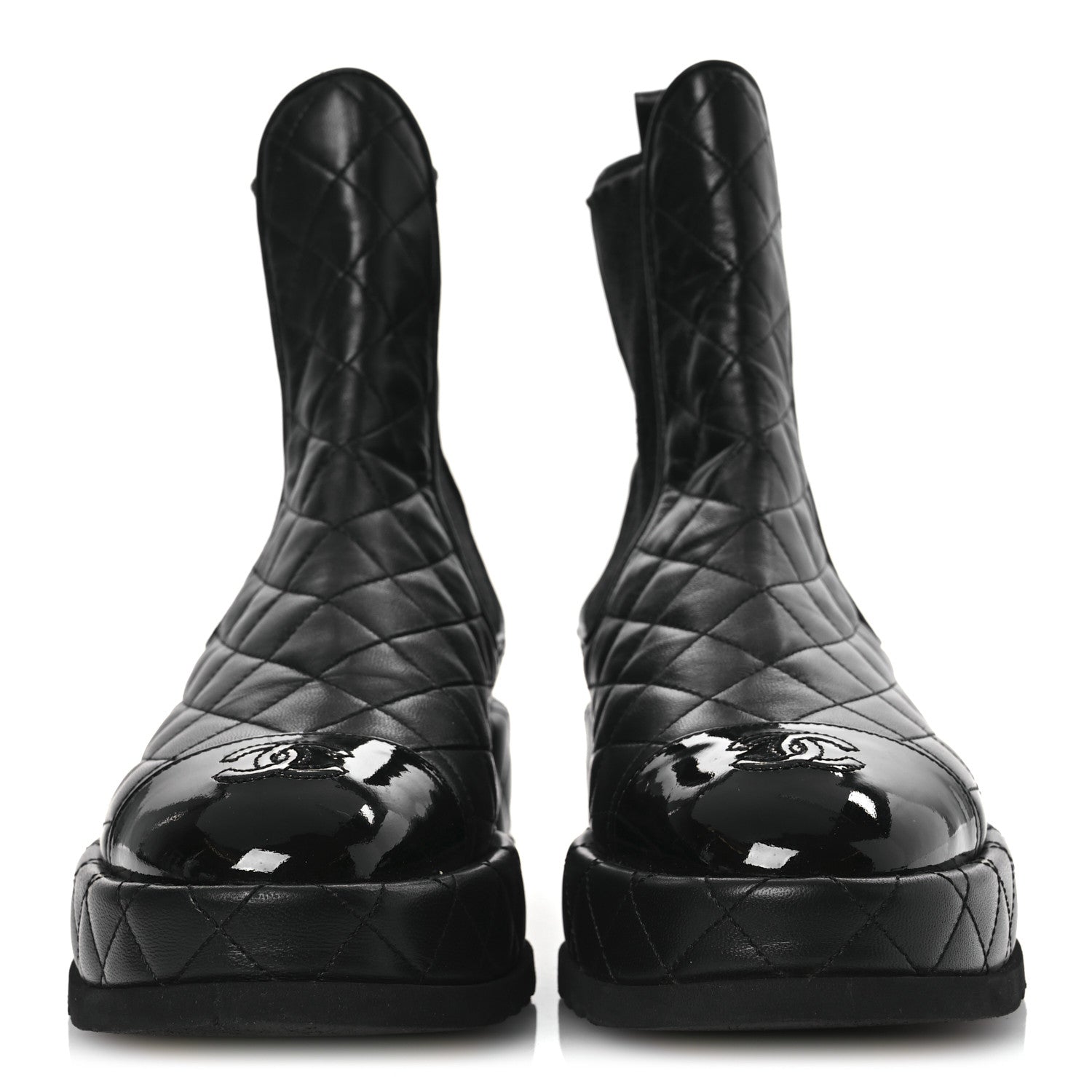 Chanel Lambskin Patent CC Cap Toe Quilted Short Platform Boots 39.5 Black