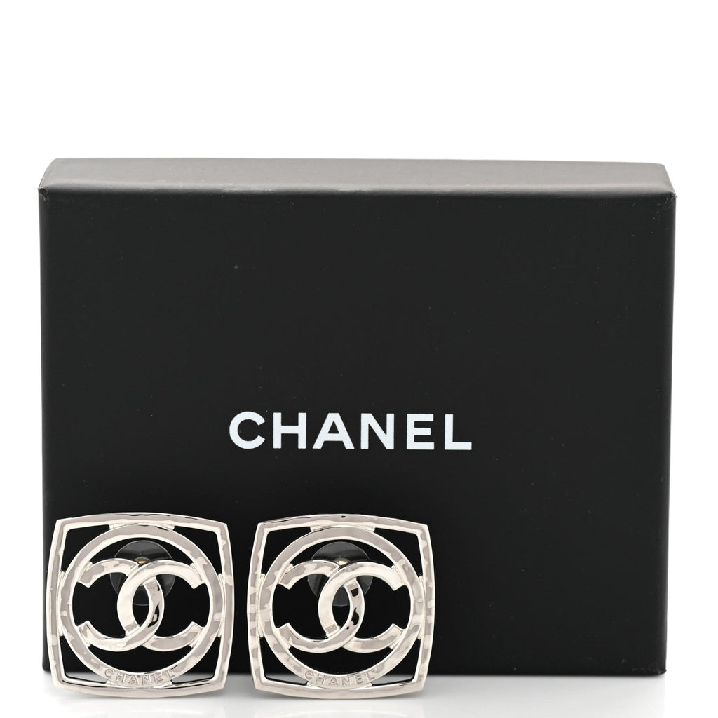 Chanel Metal Square CC Earrings Silver