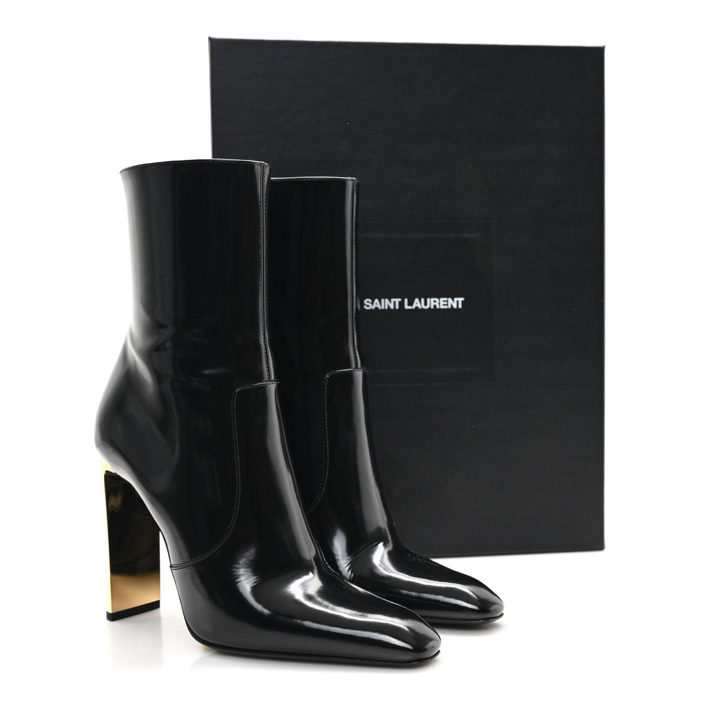 Saint Laurent Patent Marilyn Ankle Zip Boot 38 Black Gold