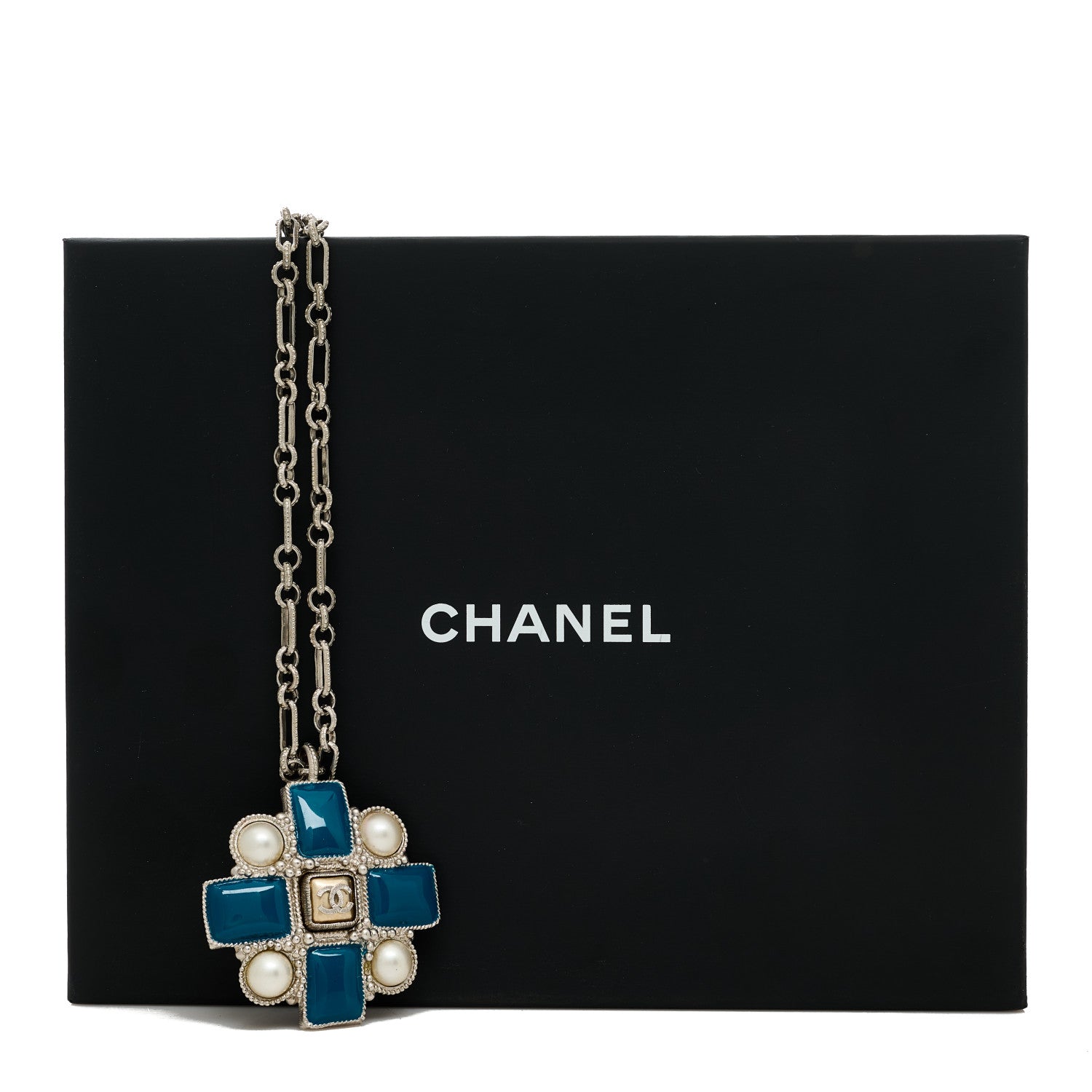 Chanel Gripoix Poured Glass Pearl CC Pendant Necklace Turquoise Silver