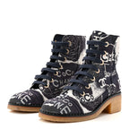 Chanel Suede Calfskin Printed CC 31 Rue Cambon Lace Up Combat Boots 36 White Navy