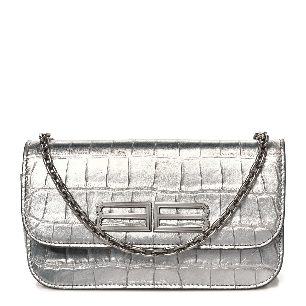 Balenciaga Metallic Extra Supple Calfskin Crocodile Embossed Gossip Wallet On Chain Silver