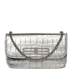 Balenciaga Metallic Extra Supple Calfskin Crocodile Embossed Gossip Wallet On Chain Silver