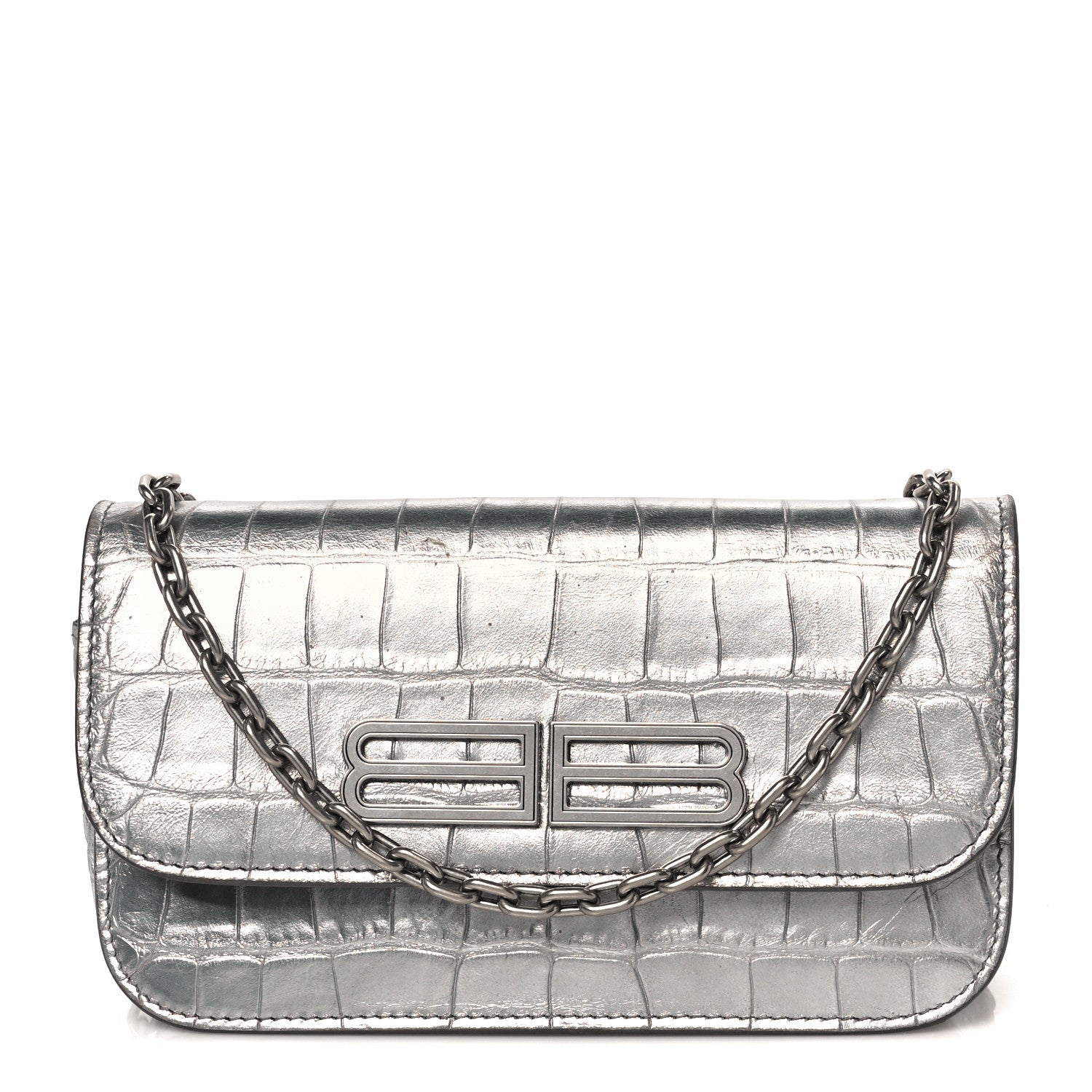 Balenciaga Metallic Extra Supple Calfskin Crocodile Embossed Gossip Wallet On Chain Silver