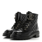 Chanel Shiny Lambskin Quilted Lace Up Combat Boots 37 Black