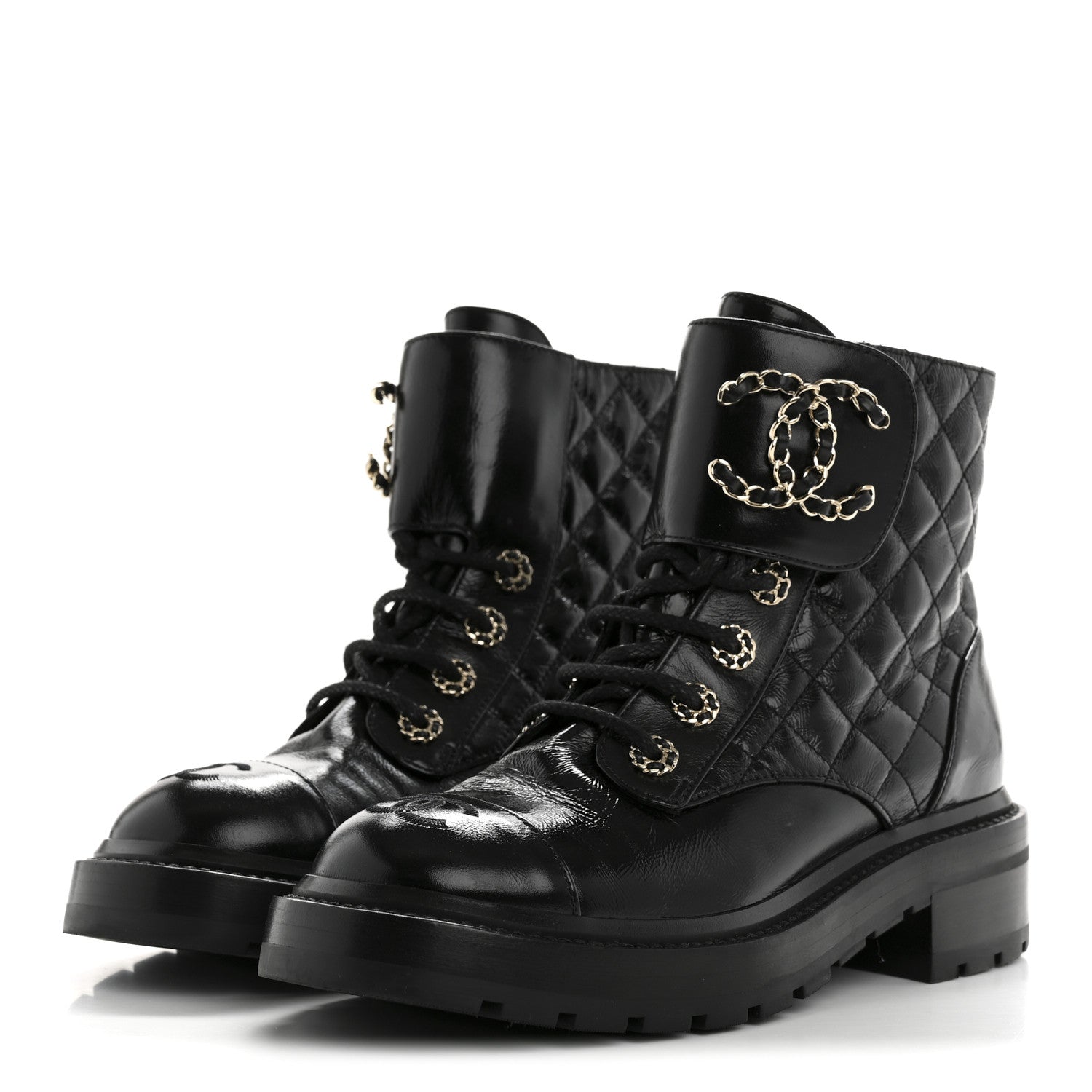 Chanel Shiny Lambskin Quilted Lace Up Combat Boots 37 Black