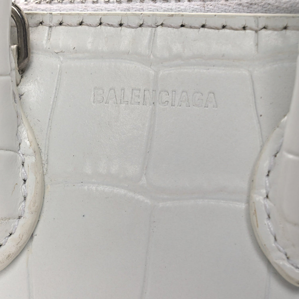 Balenciaga Calfskin Logo Crocodile Embossed Mini Ville Top Handle Bag White Black