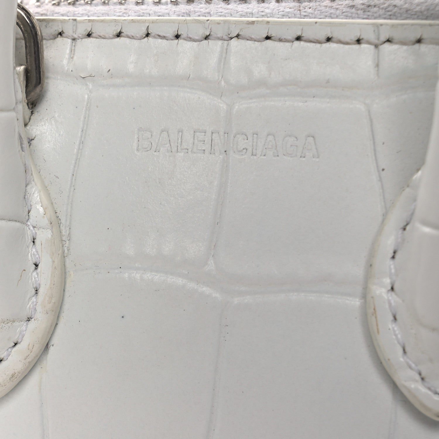 Balenciaga Calfskin Logo Crocodile Embossed Mini Ville Top Handle Bag White Black