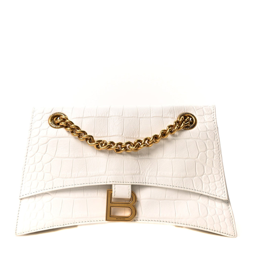 Balenciaga Extra Supple Calfskin Crocodile Embossed Small Crush Chain Bag Optic White