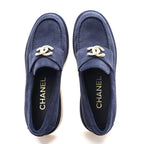 Chanel Suede Calfskin Pearl CC Moccasin Loafers 37 Navy