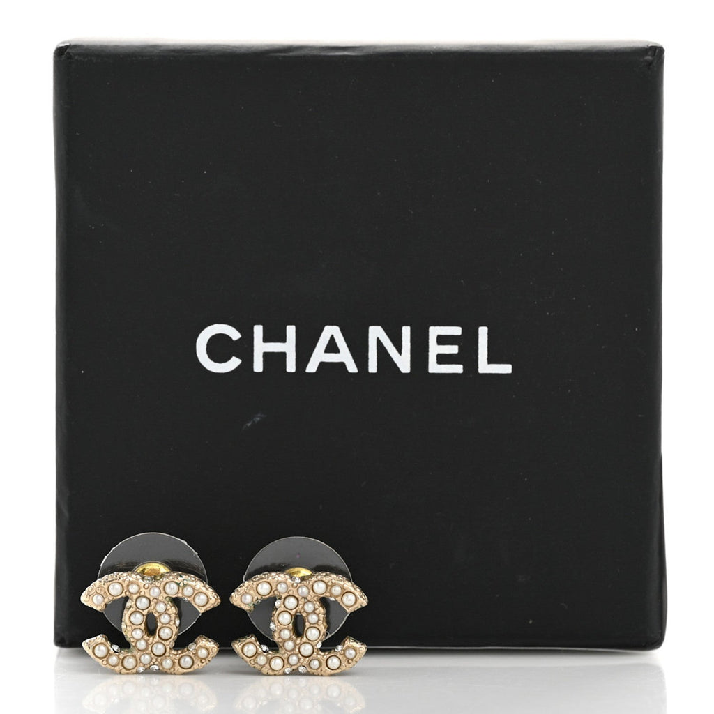 Chanel Metal Graduated Pearl Crystal CC Earrings Light Gold