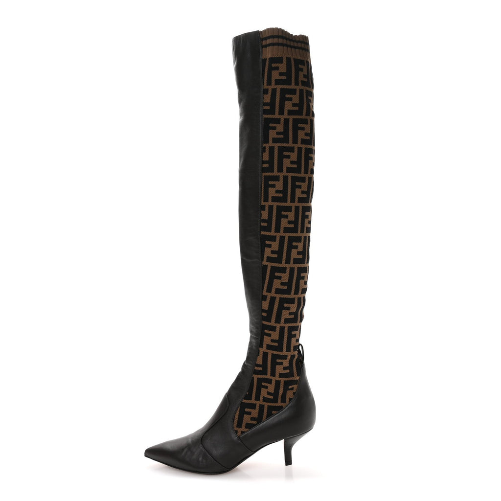 Fendi Nappa Microfiber Fabric FF Rockoko Thigh High Boots 37 Ebano Tobacco Black