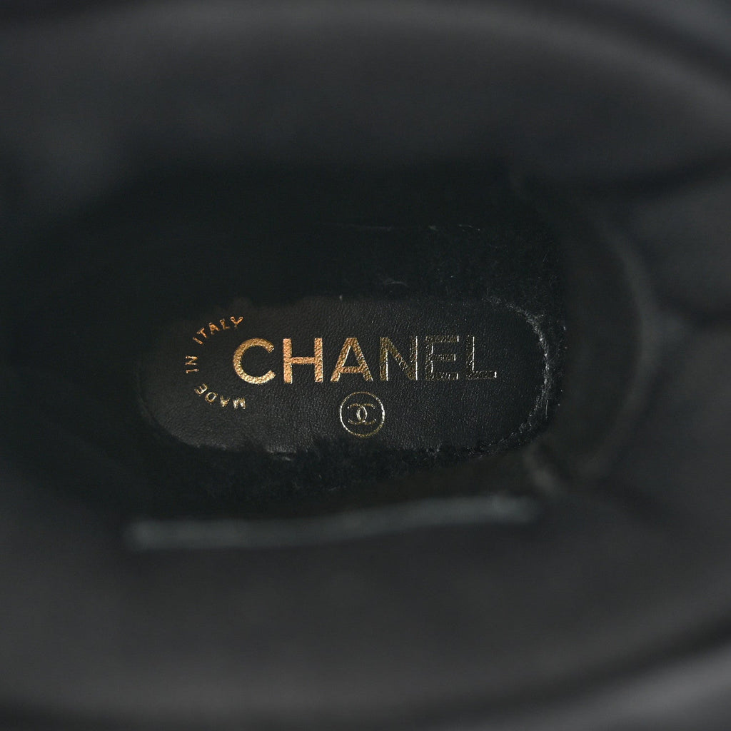 Chanel Tweed Shearling Sheepskin Drawstring Snow Ankle Boots 36 Black