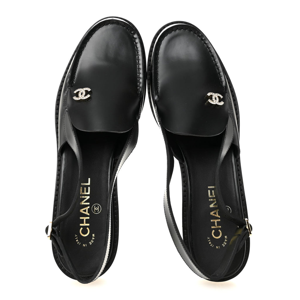 Chanel Calfskin Crystal Slingback Loafers 39 Black