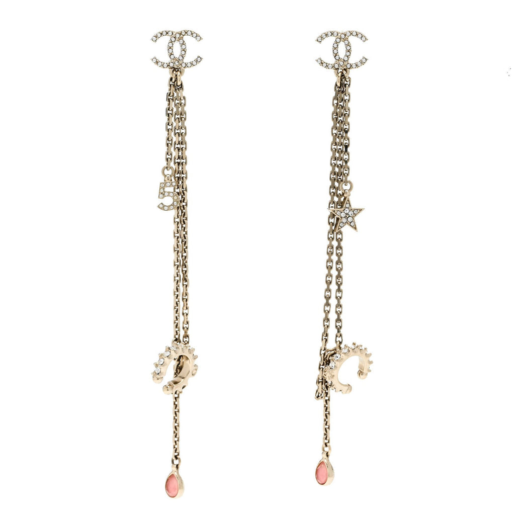 Chanel Crystal Star 5 Drop CC Earrings Gold