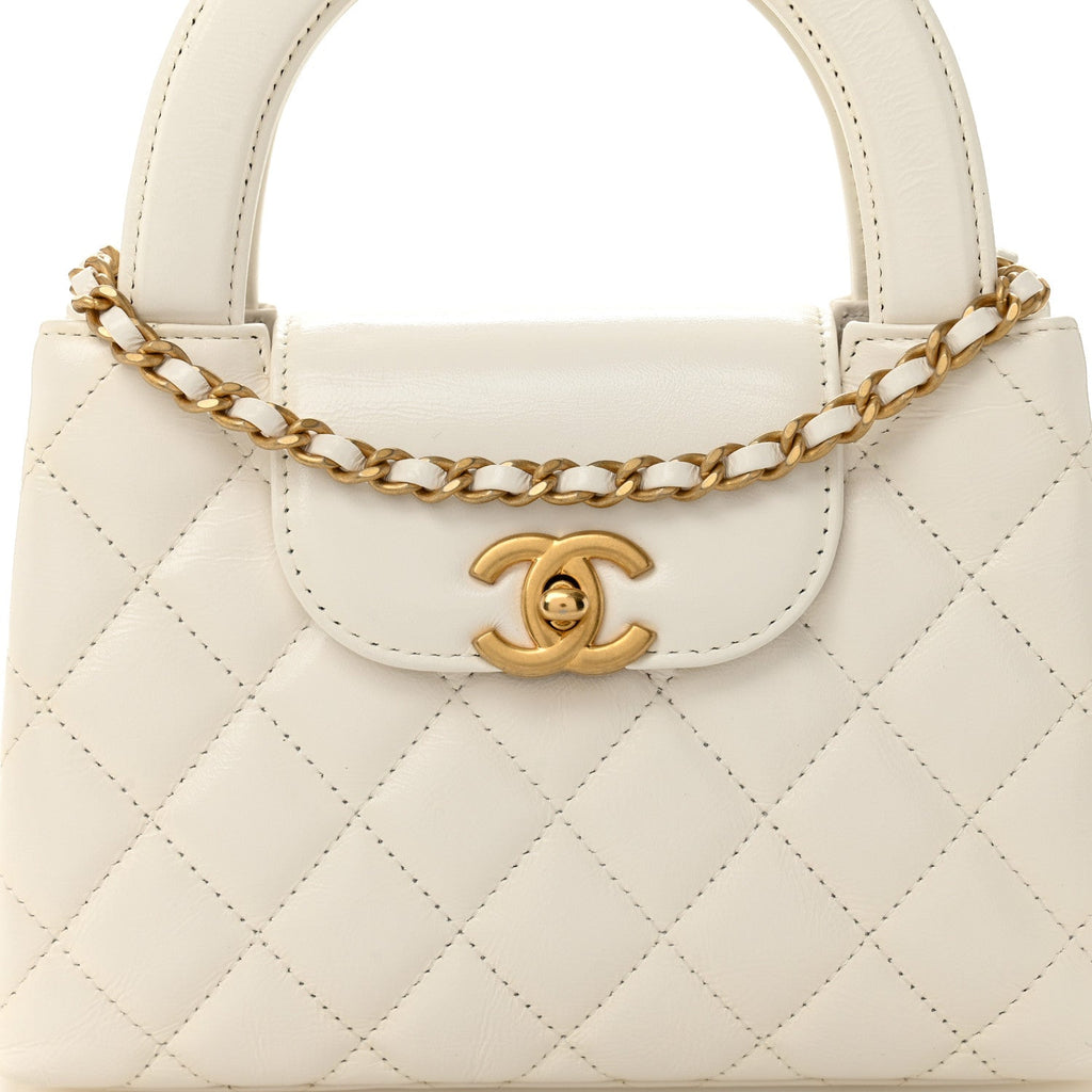 Chanel Shiny Aged Calfskin Quilted Nano Kelly Shopper White