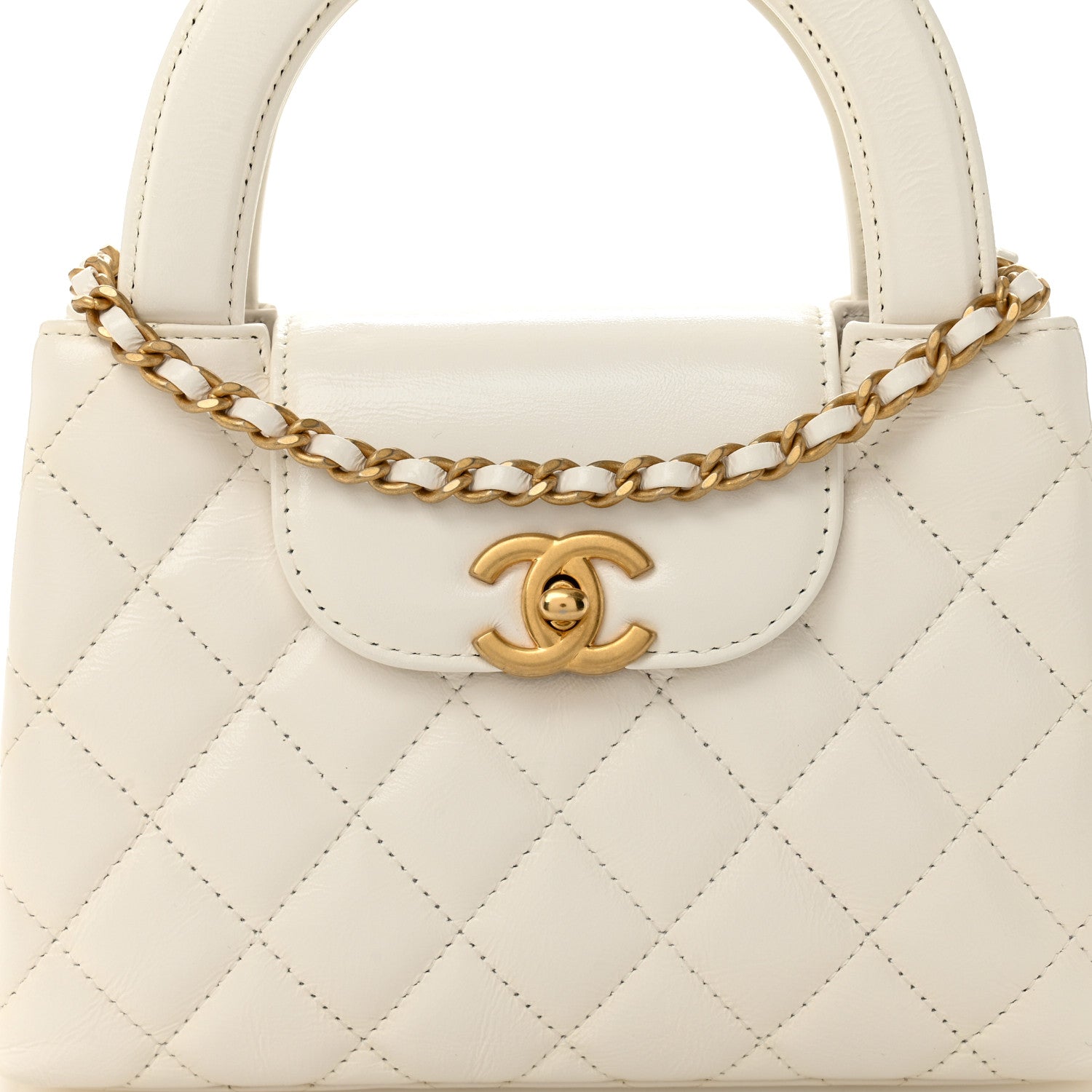 Chanel Shiny Aged Calfskin Quilted Nano Kelly Shopper White