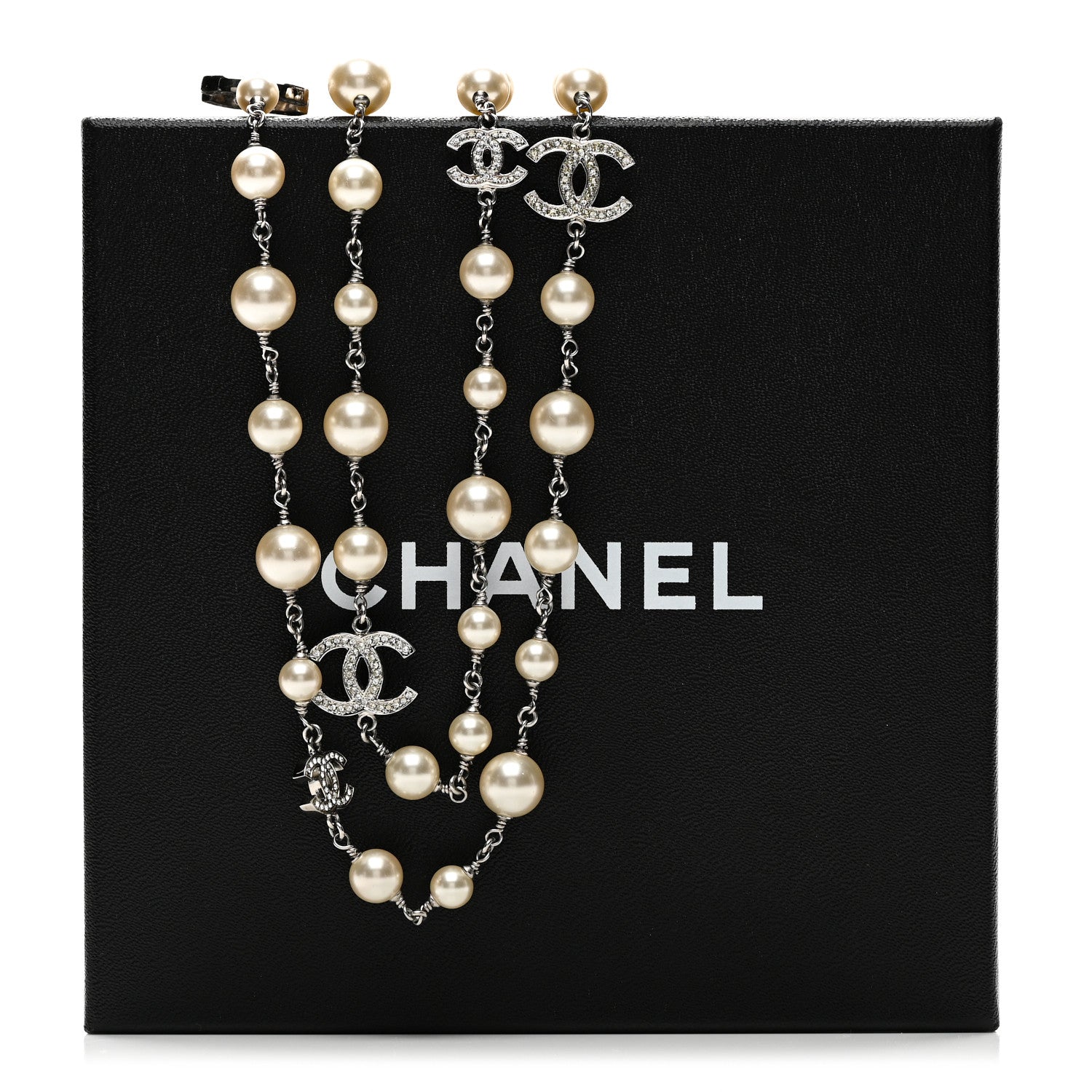 Chanel Graduated Pearl Crystal CC Long Necklace Silver