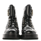 Chanel Shiny Calfskin Quilted Lace Up Combat Boots 39 Black