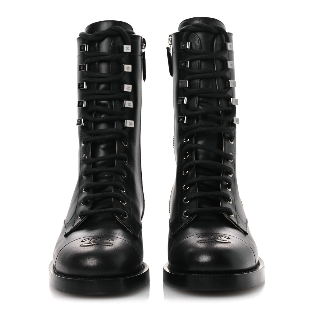 Chanel Calfskin Cap Toe Lace Up Combat Boots 37.5 Black