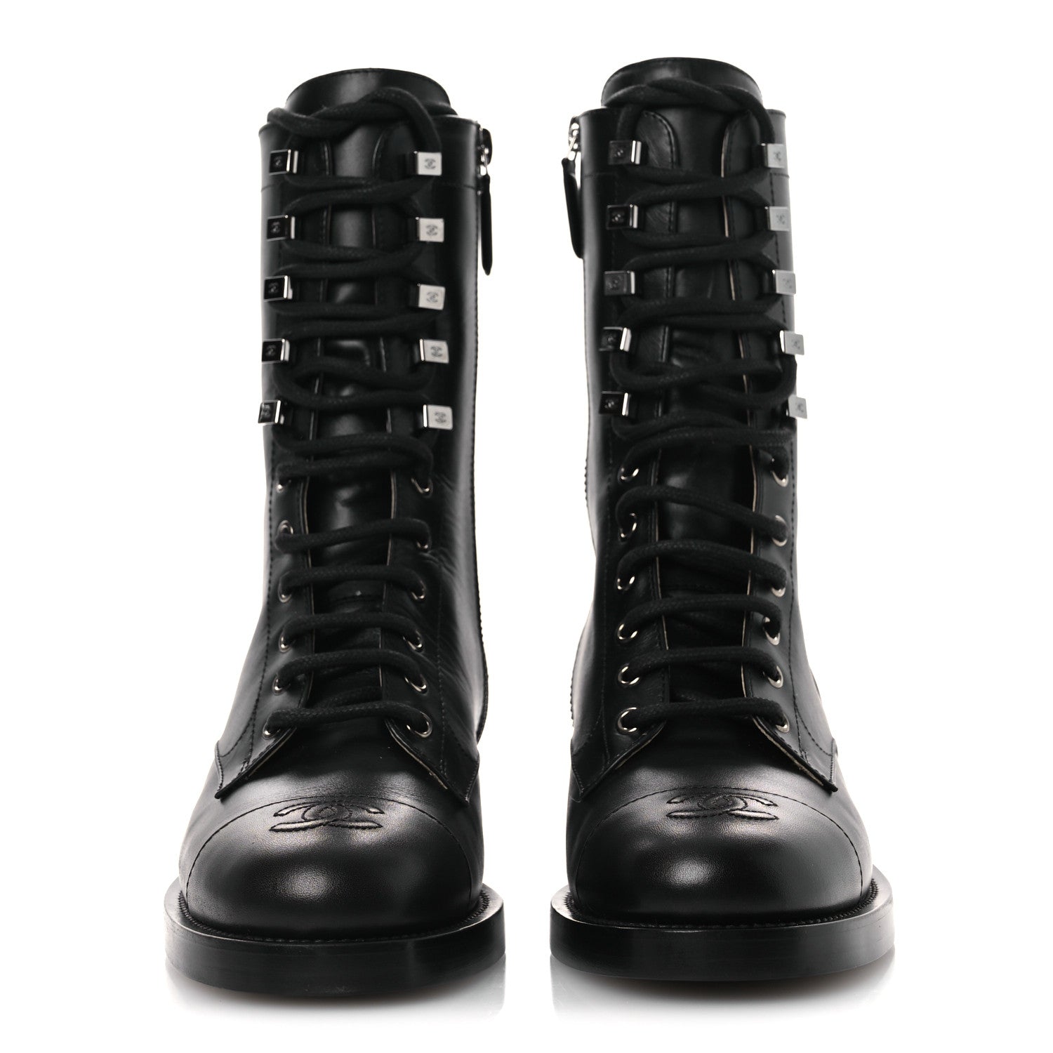 Chanel Calfskin Cap Toe Lace Up Combat Boots 37.5 Black