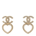 Chanel Metal Crystal CC Heart Drop Earrings Gold